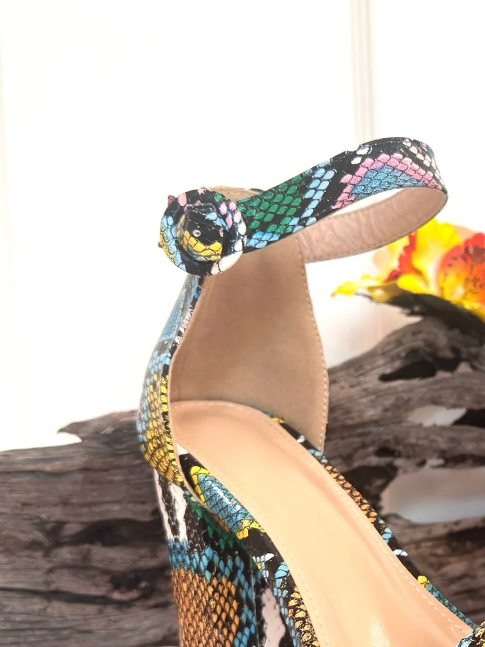 FASHION SHOE ~ Multi-Color Snakeskin Print Open Toe Platform Ankle-Strap Heels